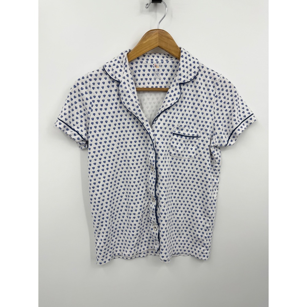Roller Rabbit Hearts Pajama Top Women Small White Blue Pima Cotton Button Down